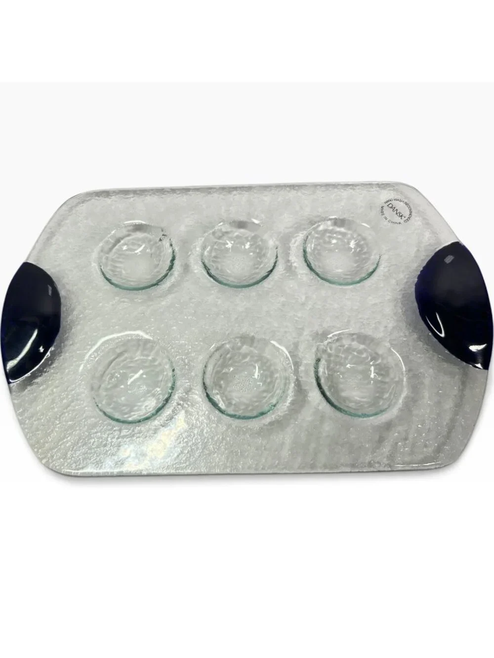 Dansk Glass Escargot Deviled Egg Platter Tray Dark Blue Handles Textured Clear